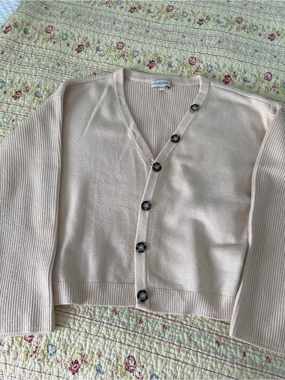 Guess Cream Cropped V-Neck Button Cardigan